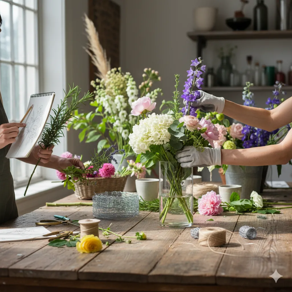 Our floral design process showing hands arranging flowers