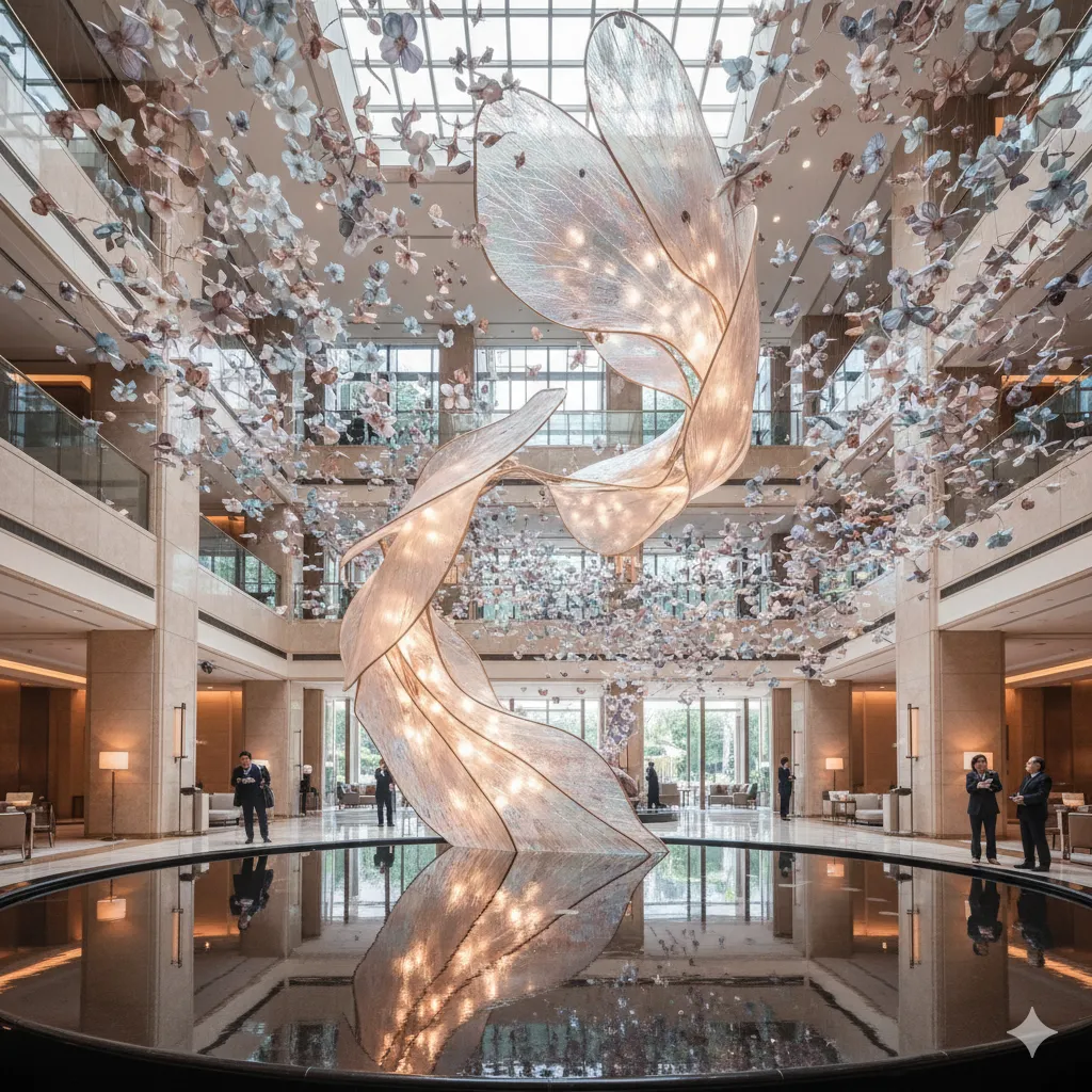 Hotel lobby installation with ethereal floral elements