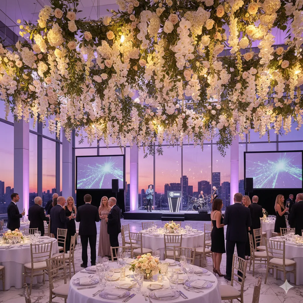 Corporate event with suspended floral arrangements