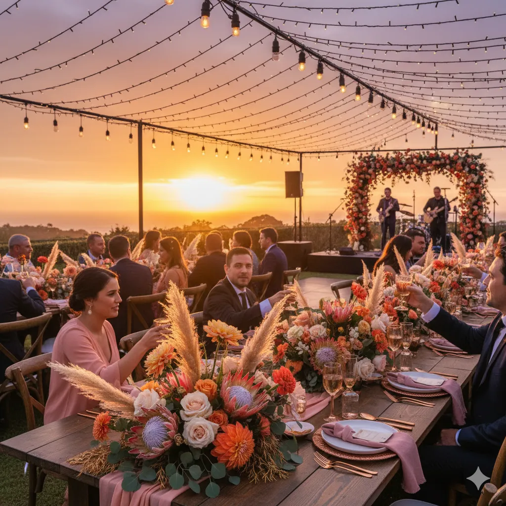 Wedding reception with Sunset Reverie floral theme