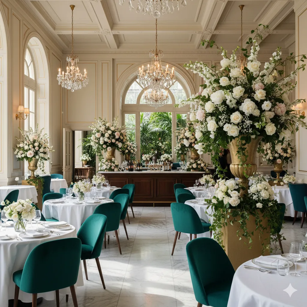 Restaurant interior with sophisticated floral arrangements